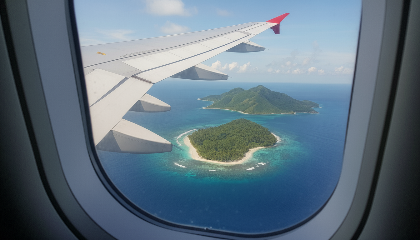 Airplane window view over tropical island